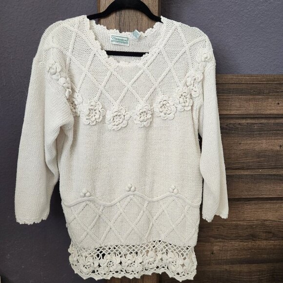 Vintage Shenanigans Women's M Hand Knit Sweater Floral Tunic Grandmacore Cottage - Picture 1 of 14